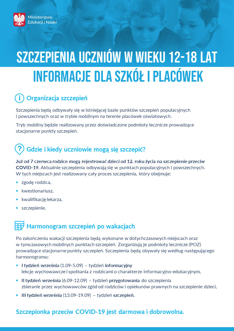 szczepienia uczniów w wieku 12 18 lat informacje dla szkół i placówek