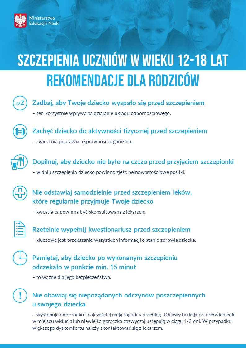 szczepienia uczniów w wieku 12 18 lat rekomendacje dla rodziców