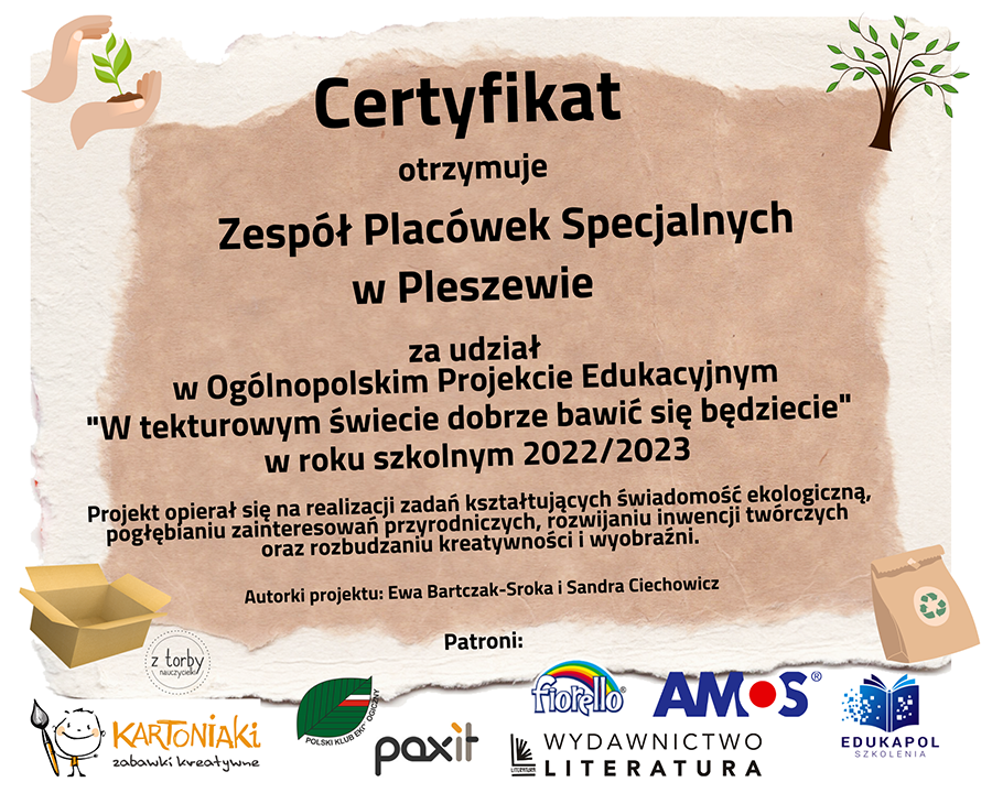 Zespół Placówek Specjalnych w Pleszewie certyfikat w tekturowym swiecie